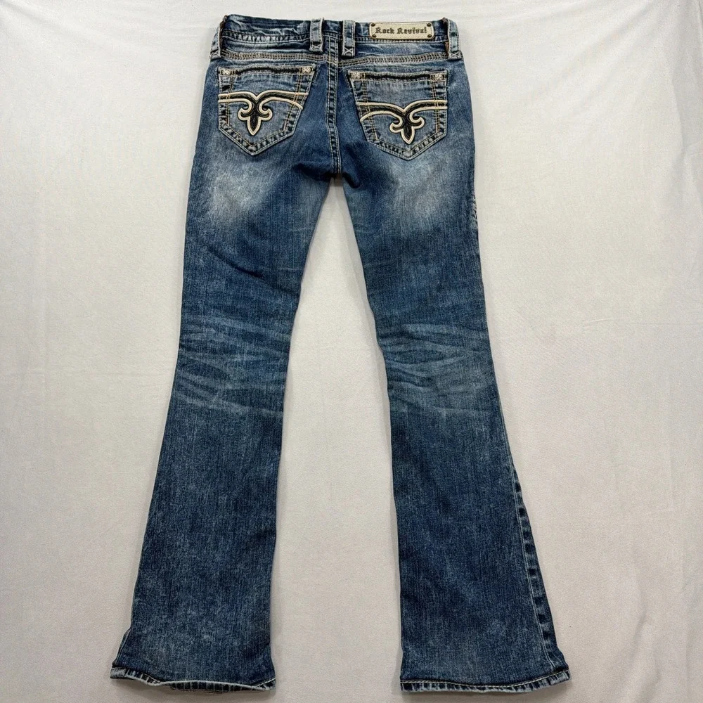 Rock Revival Jeans Sun Boot Distressed Embroidered Blue Women Size 26